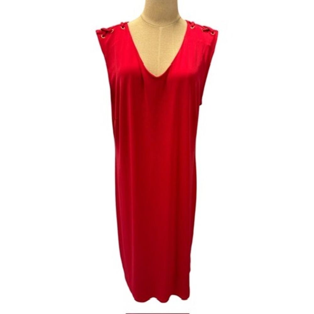 "JM" Red Dress,Shoe Lace accents on Shoulder,Sleeveless,Shift,2XL,Roomy,Workwear